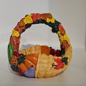 VTG Harvest Cornucopia Basket Autumn Fall Leaves Pumpkin Decor Tabletop Accent
